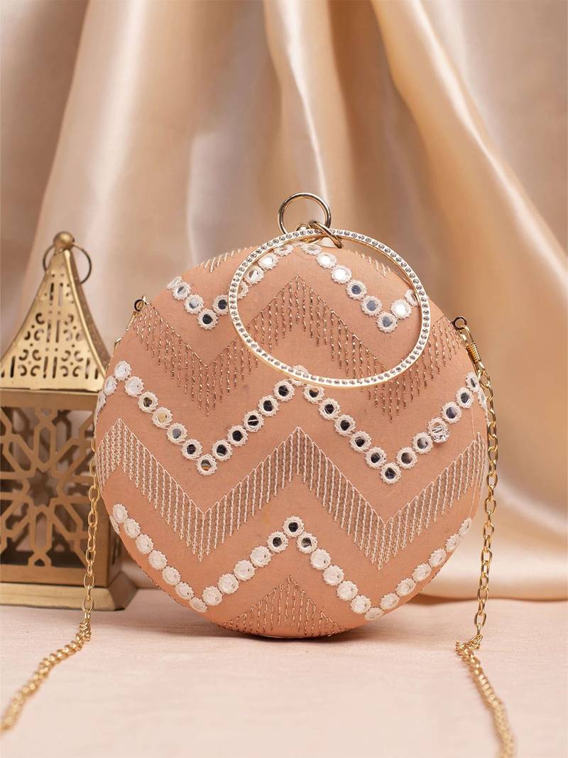 Light peach based sequins embroidery clutch