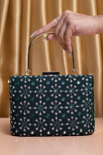 Marine green sequins embroidery party clutch