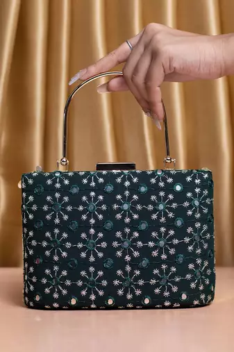 Marine green sequins embroidery party clutch