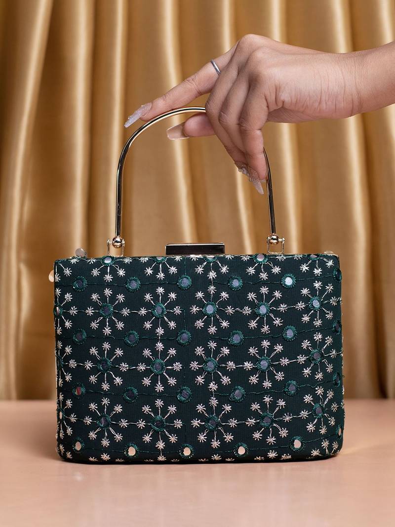 Marine green sequins embroidery party clutch