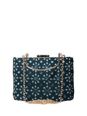 Marine green sequins embroidery party clutch 2