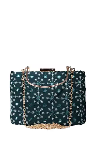Marine green sequins embroidery party clutch