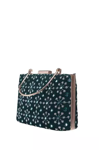 Marine green sequins embroidery party clutch