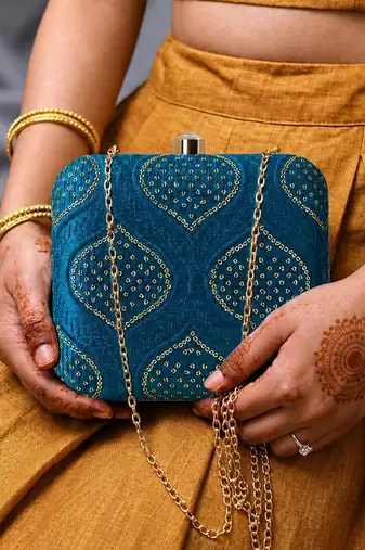 Yale blue embroidered clutch bag for women
