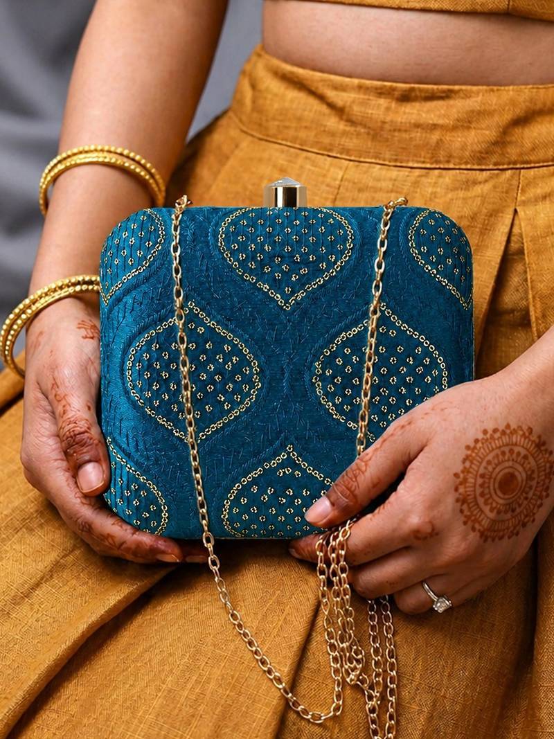 Yale blue embroidered clutch bag for women