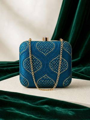 Yale blue embroidered clutch bag for women 2