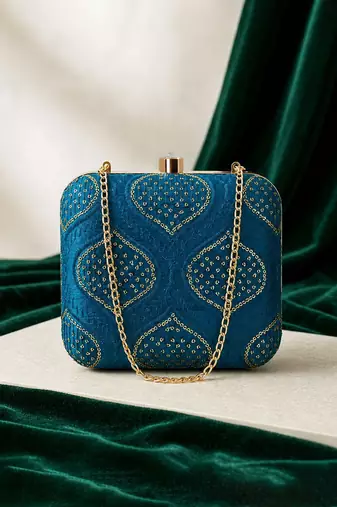 Yale blue embroidered clutch bag for women