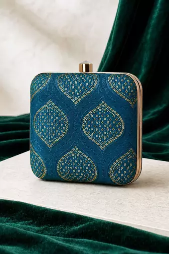 Yale blue embroidered clutch bag for women