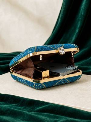 Yale blue embroidered clutch bag for women 4