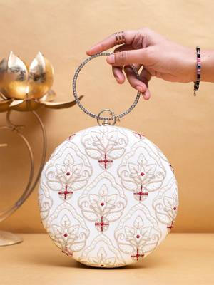 White based golden zari embroidery clutch 1