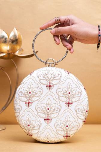 White based golden zari embroidery clutch