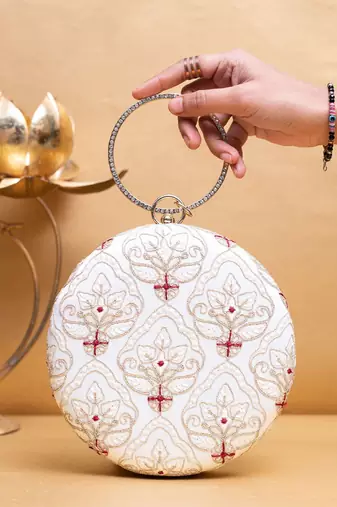 White based golden zari embroidery clutch