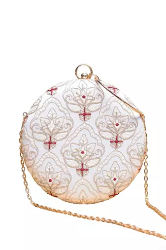White based golden zari embroidery clutch
