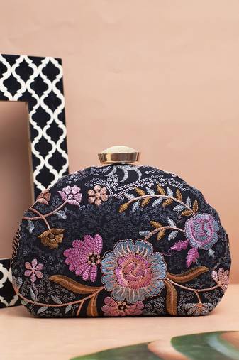Black floral threadwork party clutch bag for women