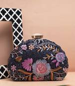 Black floral threadwork party clutch bag for women