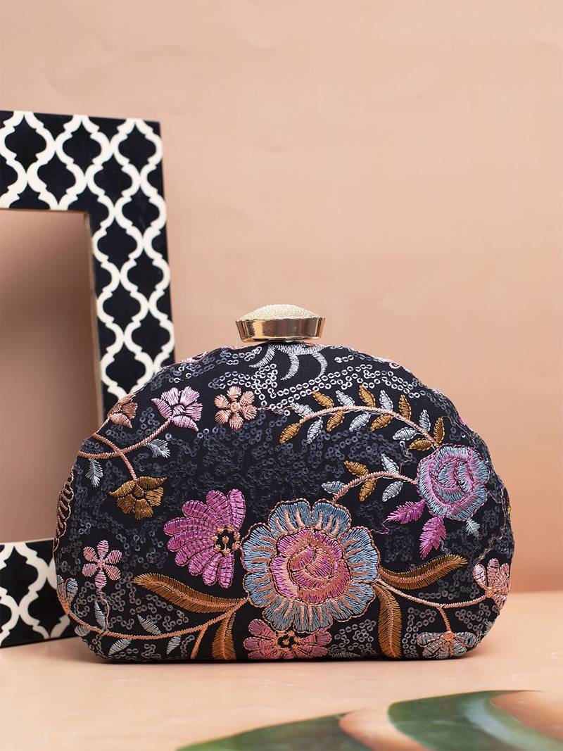 Black floral threadwork party clutch bag for women