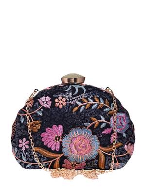 Black floral threadwork party clutch bag for women 2