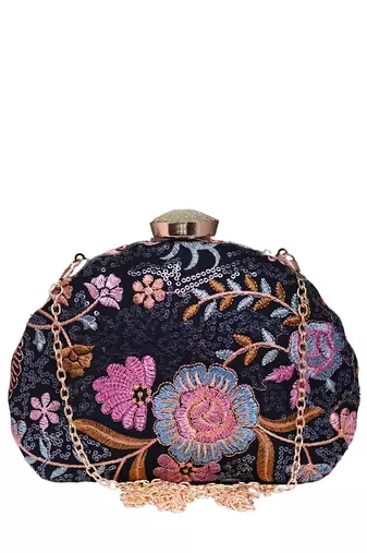 Black floral threadwork party clutch bag for women
