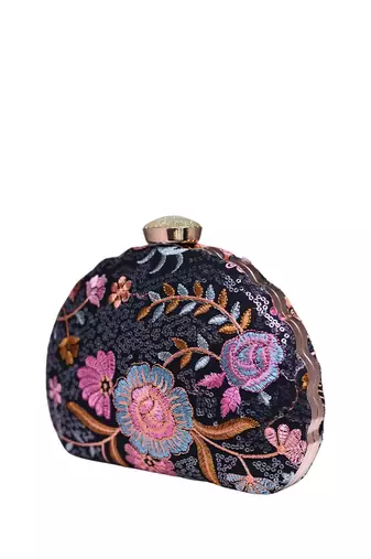 Black floral threadwork party clutch bag for women