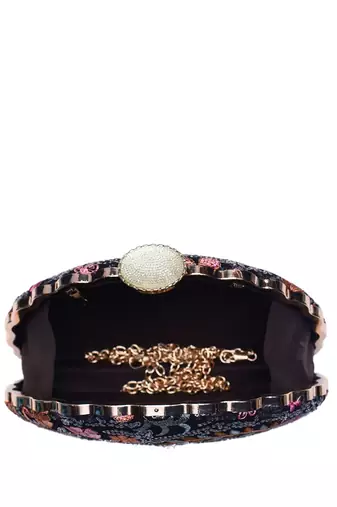 Black floral threadwork party clutch bag for women