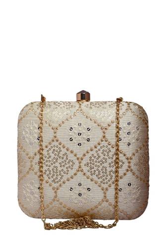 Off white multipattern sequins embroidery clutch