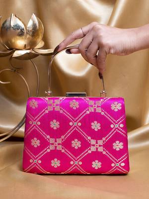 Magenta pink based silver pattern brocade fabric clutch 1