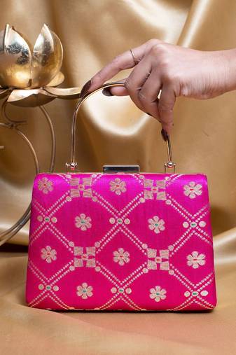 Magenta pink based silver pattern brocade fabric clutch