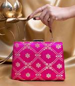 Magenta pink based silver pattern brocade fabric clutch