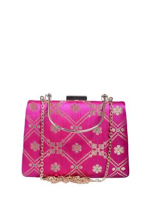 Magenta pink based silver pattern brocade fabric clutch 2