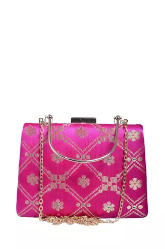 Magenta pink based silver pattern brocade fabric clutch