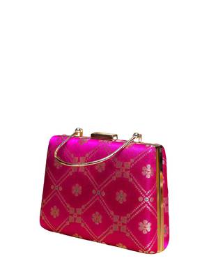 Magenta pink based silver pattern brocade fabric clutch 3