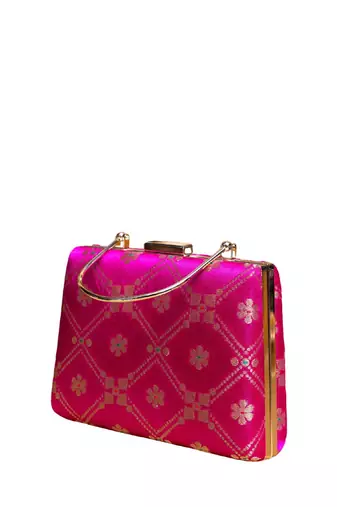 Magenta pink based silver pattern brocade fabric clutch