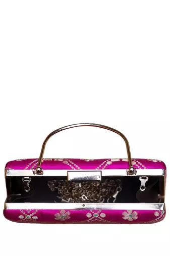 Magenta pink based silver pattern brocade fabric clutch