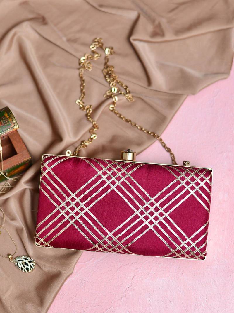 Maroon embroidered clutch bag for women