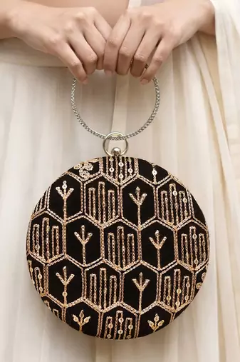 Black multipattern thread embroidery round clutch