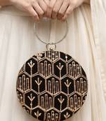 Black multipattern thread embroidery round clutch