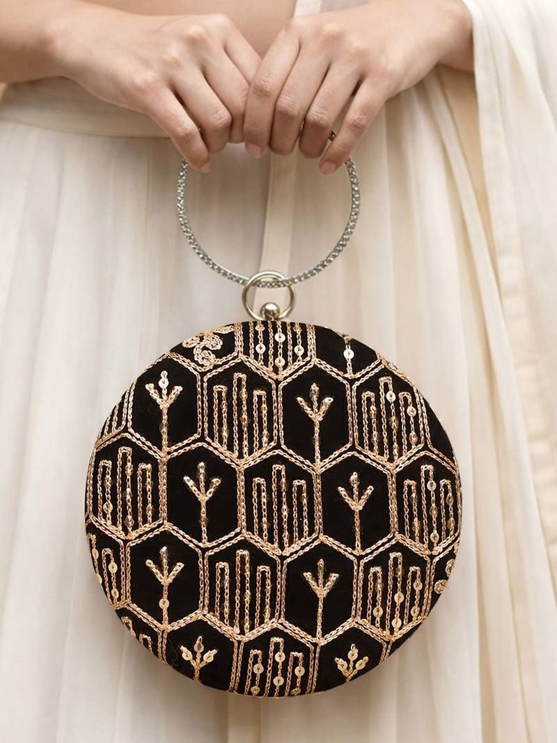 Black multipattern thread embroidery round clutch