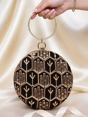 Black multipattern thread embroidery round clutch 2