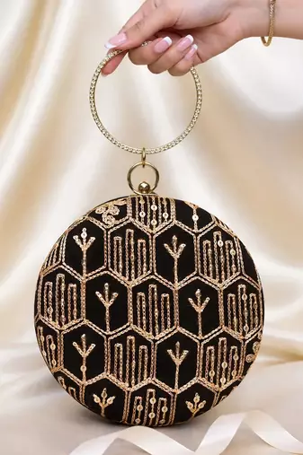 Black multipattern thread embroidery round clutch