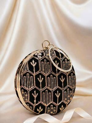 Black multipattern thread embroidery round clutch 3