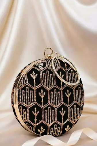 Black multipattern thread embroidery round clutch