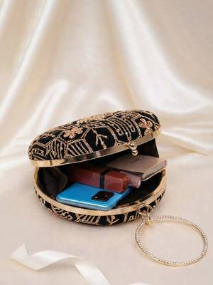 Black multipattern thread embroidery round clutch 4