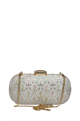 White thread and sequins embroidery clutch