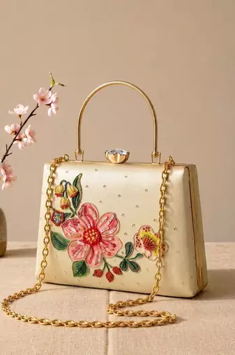 Printed ivory blossom clutch with hand embroidery