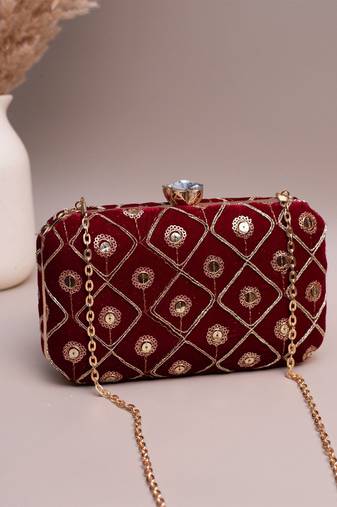 Red based golden sequins embroidery clutch