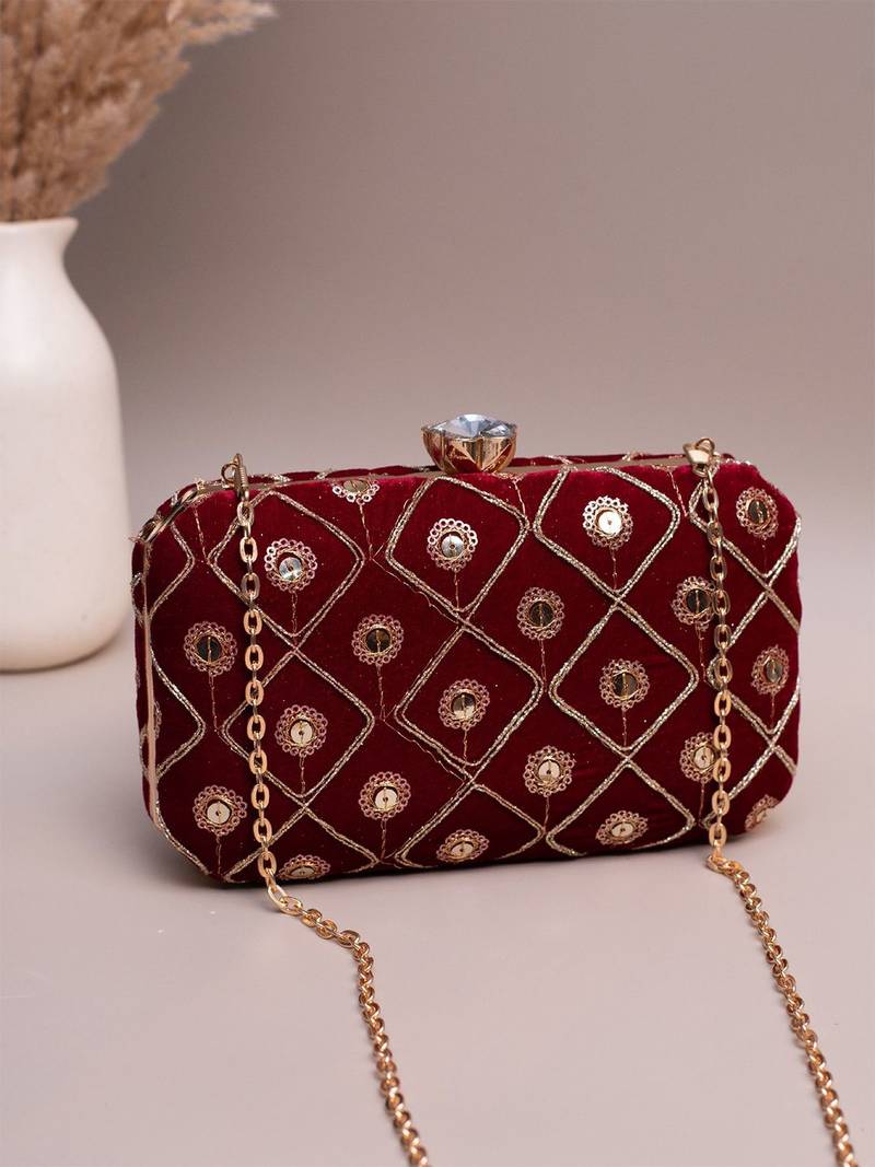 Red based golden sequins embroidery clutch