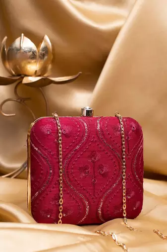 Red based silver sequins pattern embroidery clutch