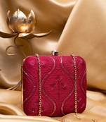 Red based silver sequins pattern embroidery clutch