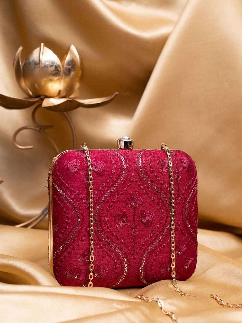 Red based silver sequins pattern embroidery clutch