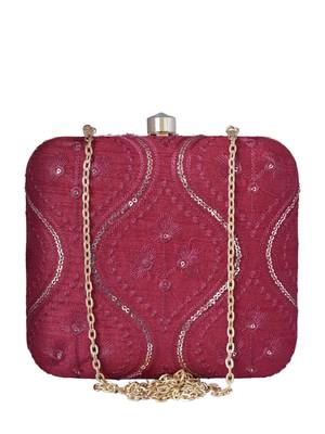 Red based silver sequins pattern embroidery clutch 2